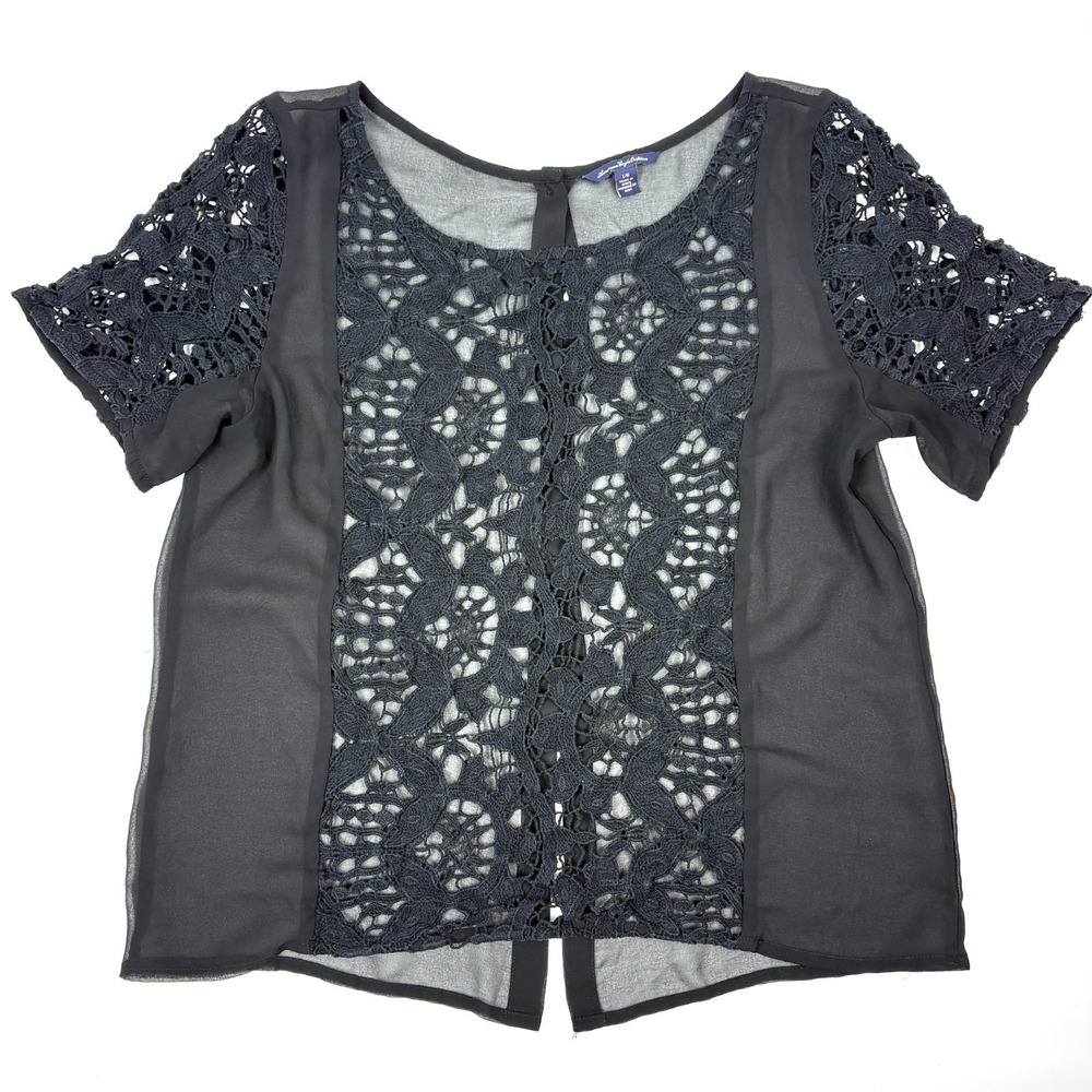 American Eagle AE Crochet Sheer Blouse Shirt Womens Sz L Black Split Back Witchy